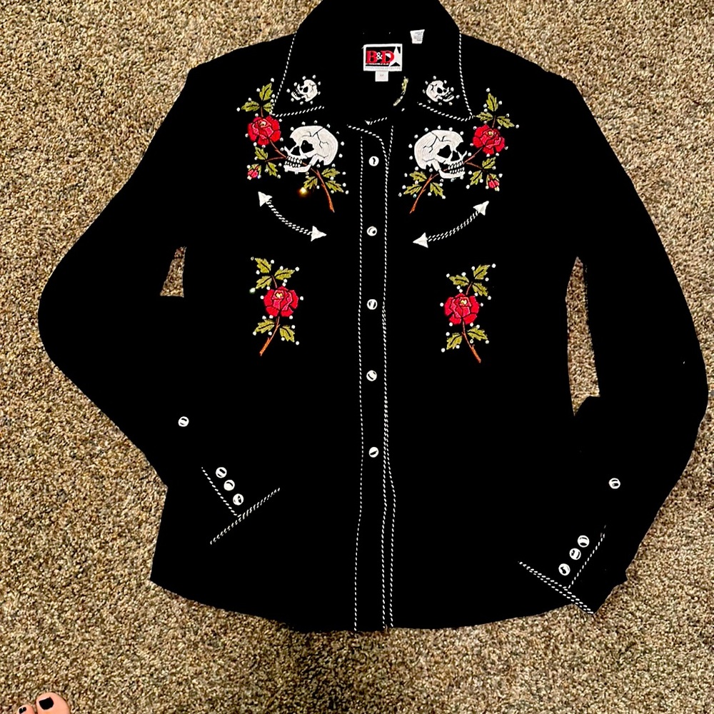 Western, Retro B&D PANHANDLE slim black Skull shirt, size Medium